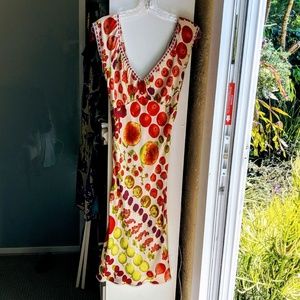 Fantastic silk fruit print bias cut dress. V sexy
